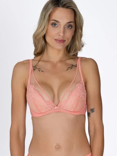 Lace And Mesh Plunge Bra. Jessica. Tropical Peach