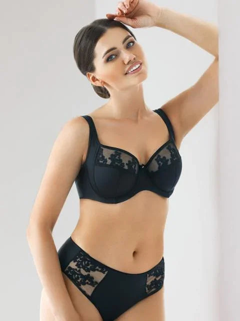 Embroidered Half Padded Cup Support Bra. Grace. Black