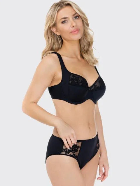 Embroidered Half Padded Cup Support Bra. Grace. Black