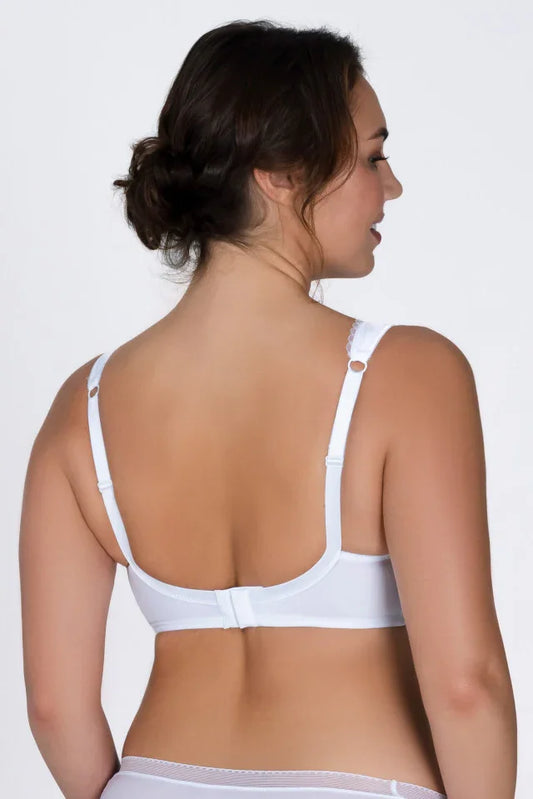 Elegant white lace full cup bra with padded straps