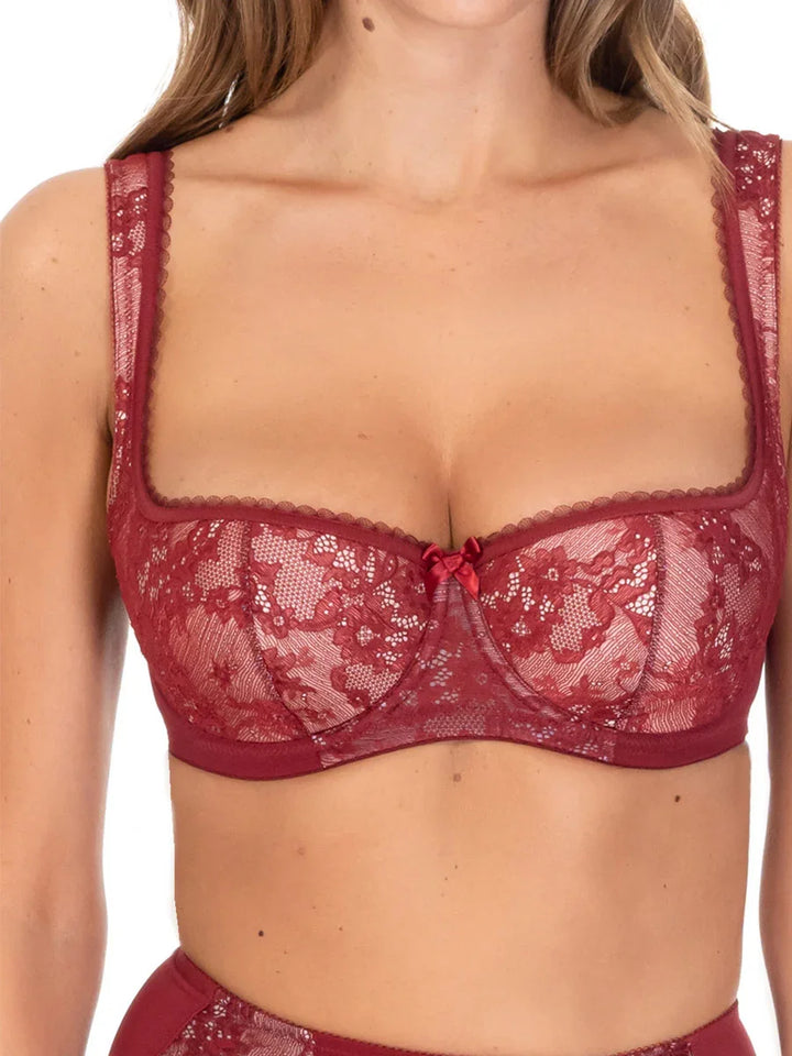 Delicate Lace Balconette Bra. Eliza. Ruby Wine 